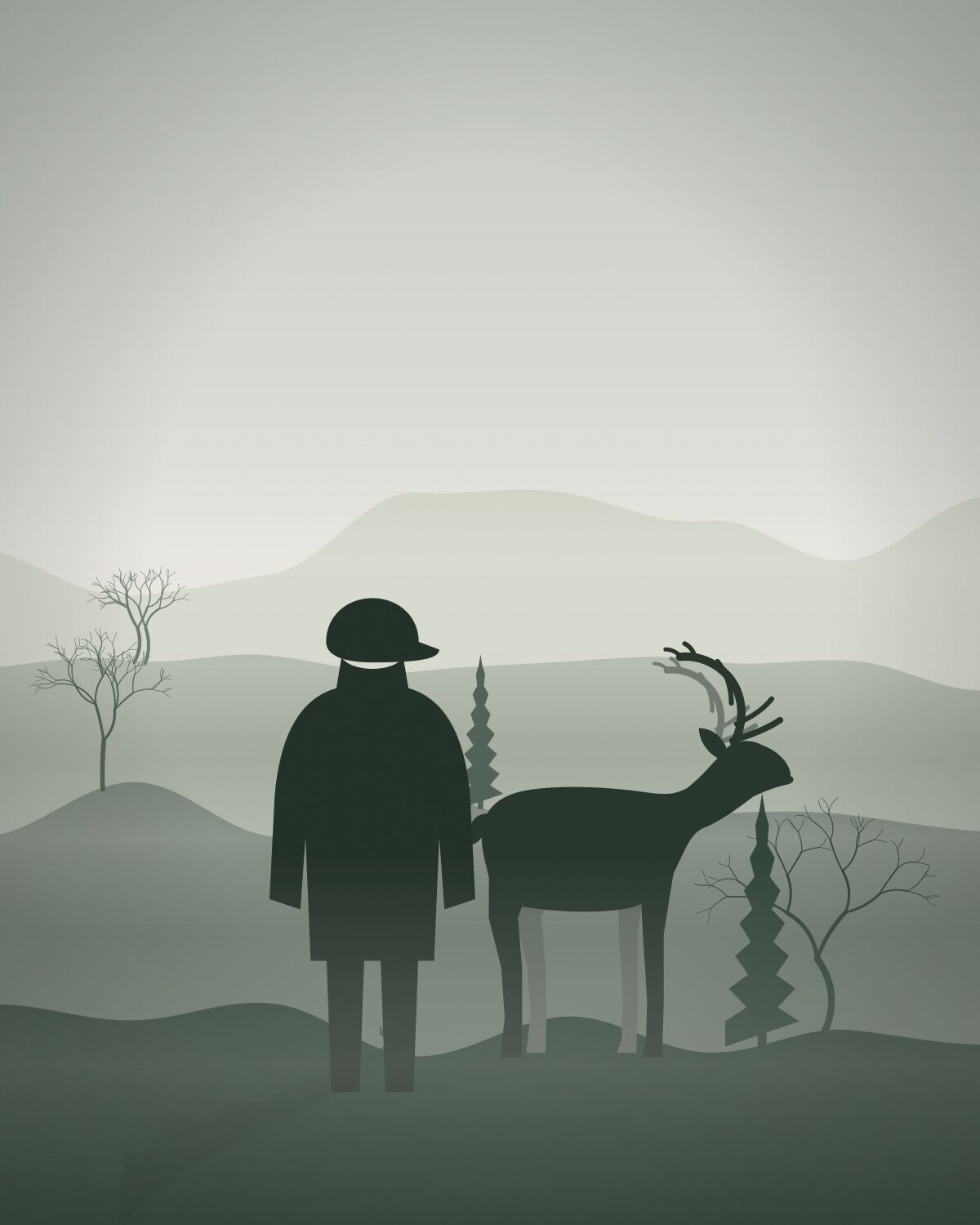 Colin standing with one of the reindeer at the edge of a field.