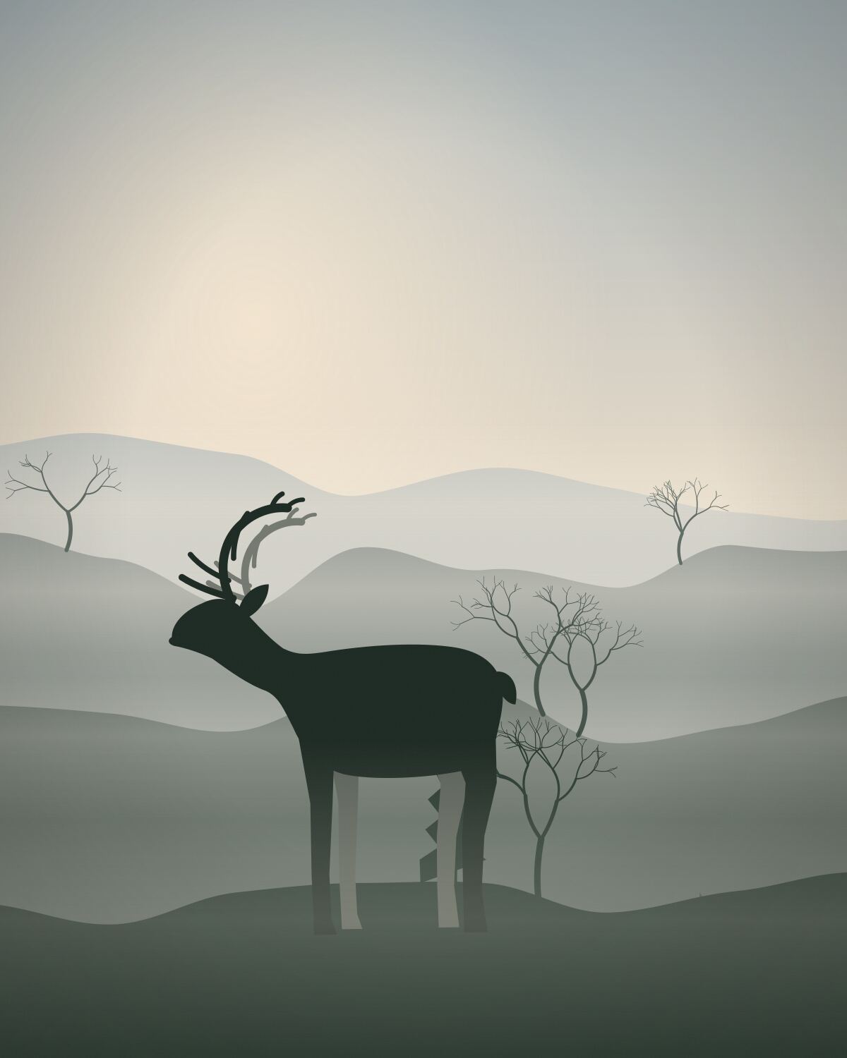 A reindeer grazing in long winter grass.