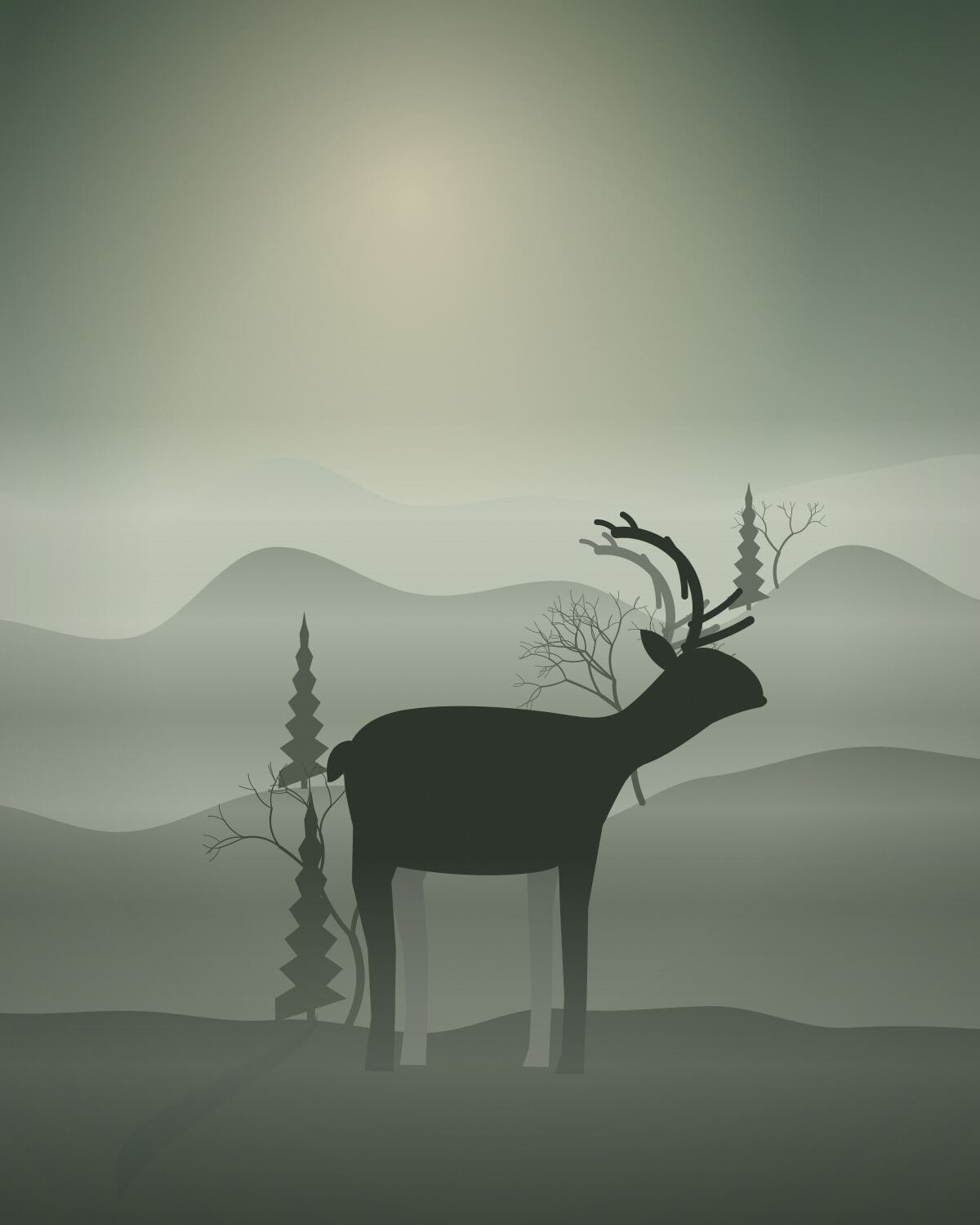 A reindeer at the edge of the woodland.