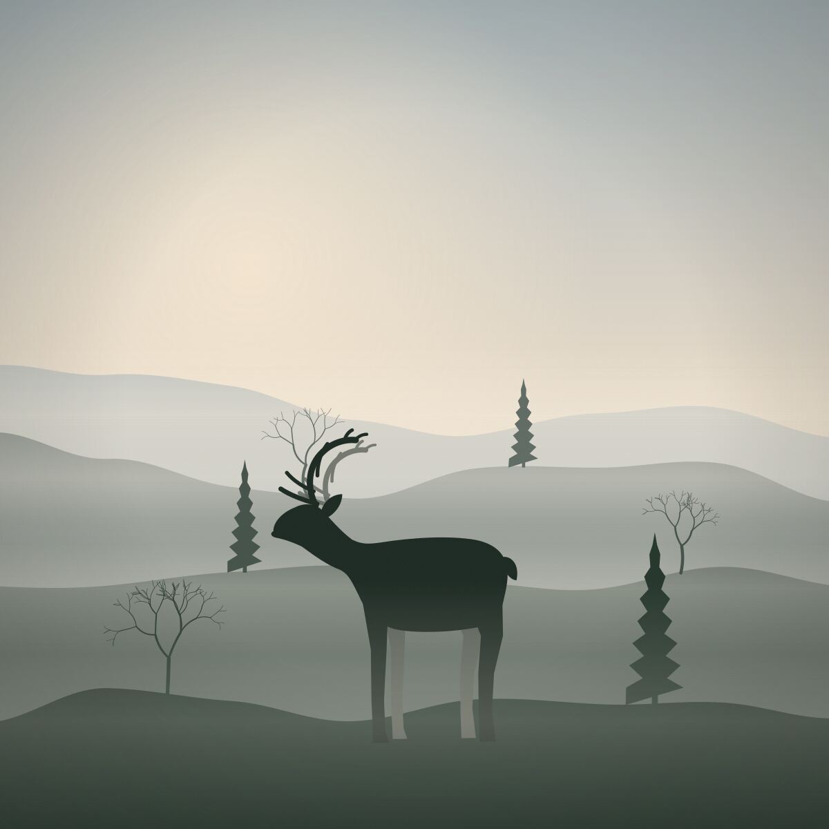 A reindeer close up on a misty morning.