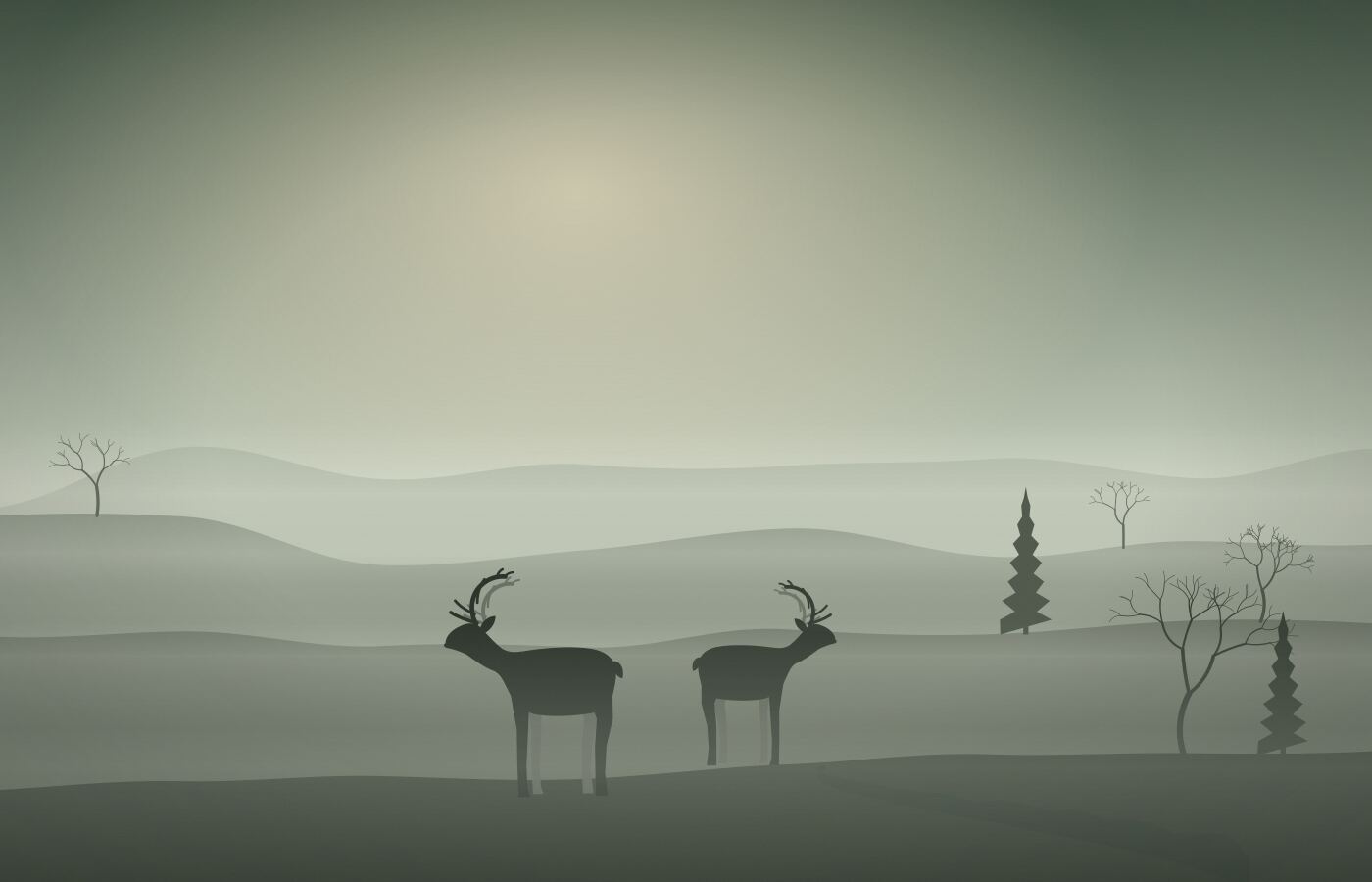 Reindeer moving across the drumlins at dusk.