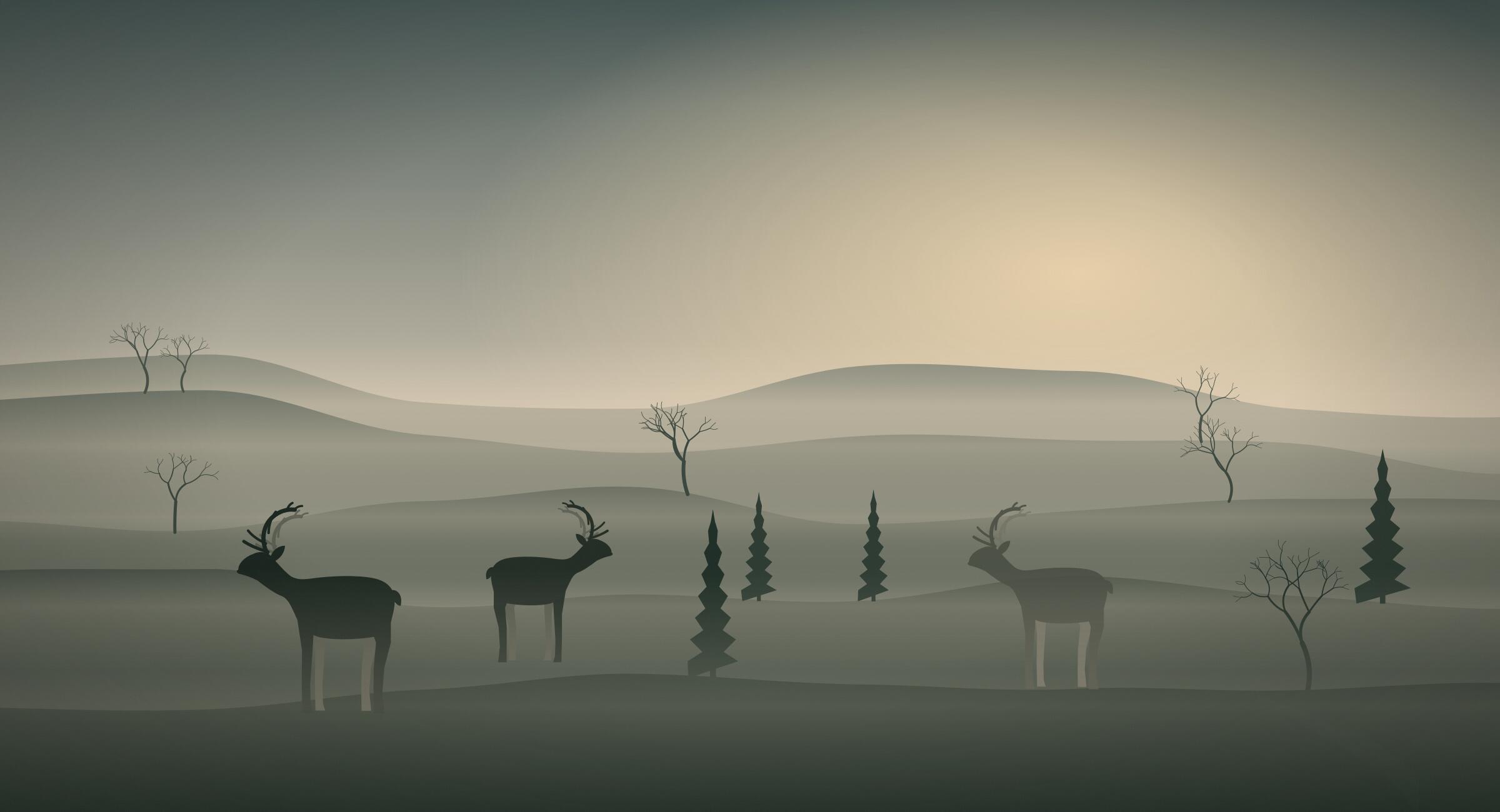 Reindeer silhouetted against a low winter sun over rolling drumlins.
