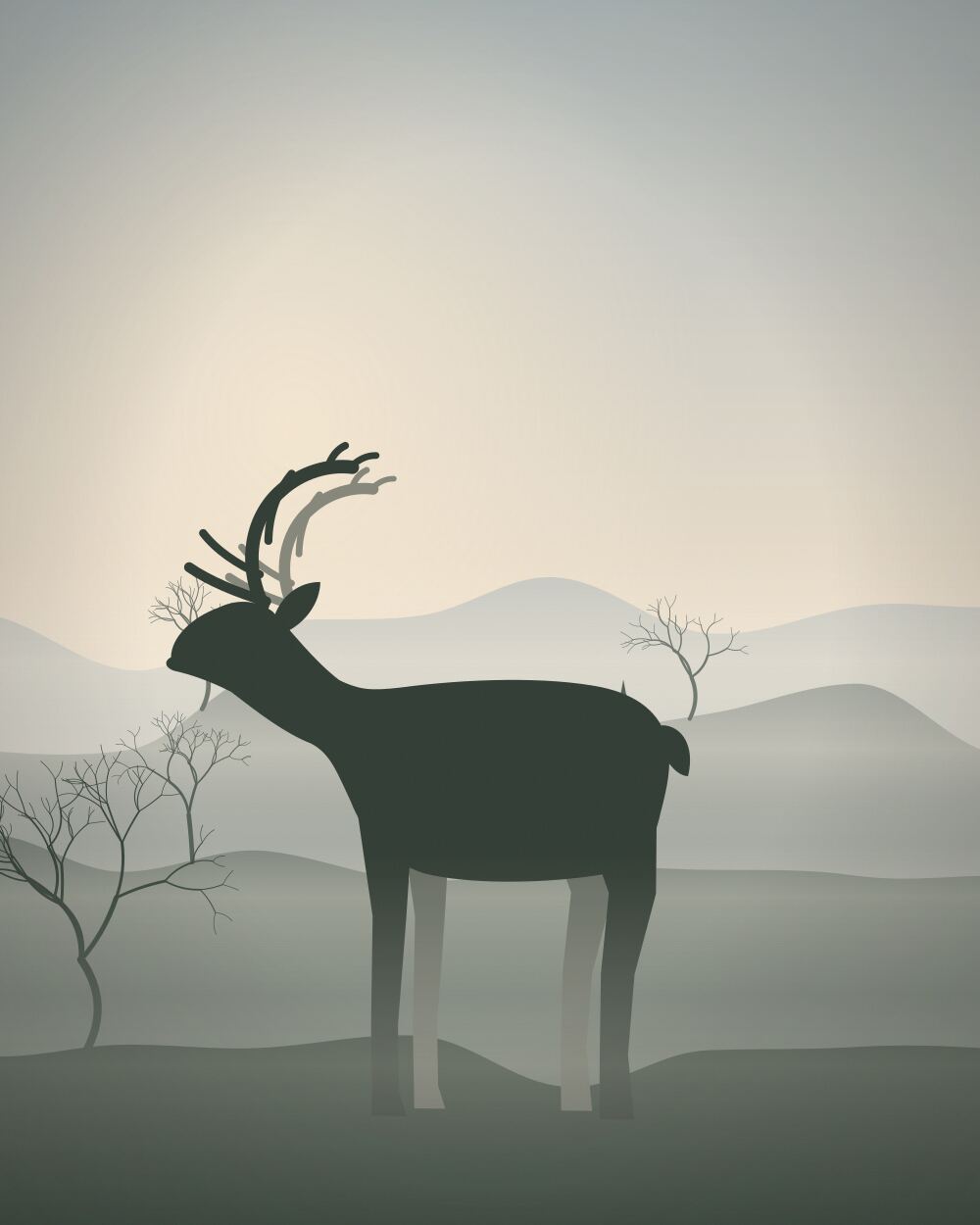 Finn the reindeer standing in a field at dawn.