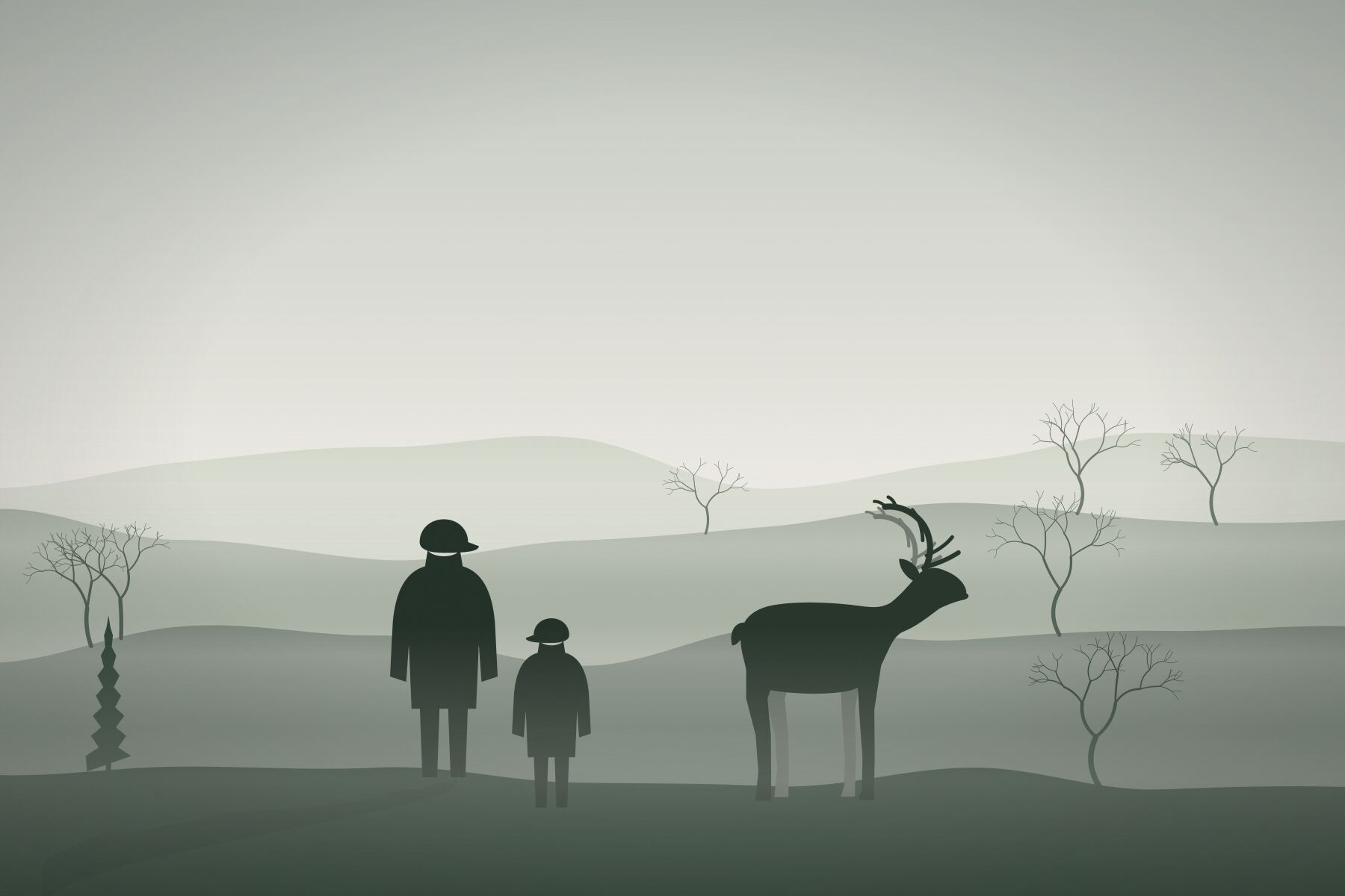 A family watching a reindeer across an open field on an overcast day.